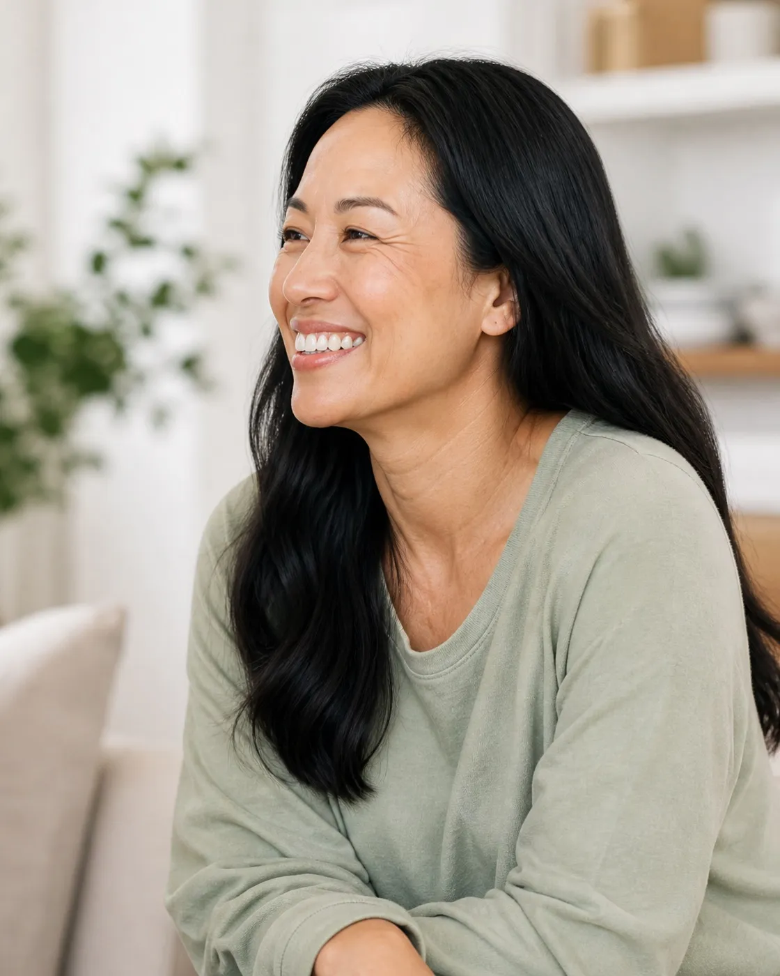 Woman in midlife looking calm and clear-eyed