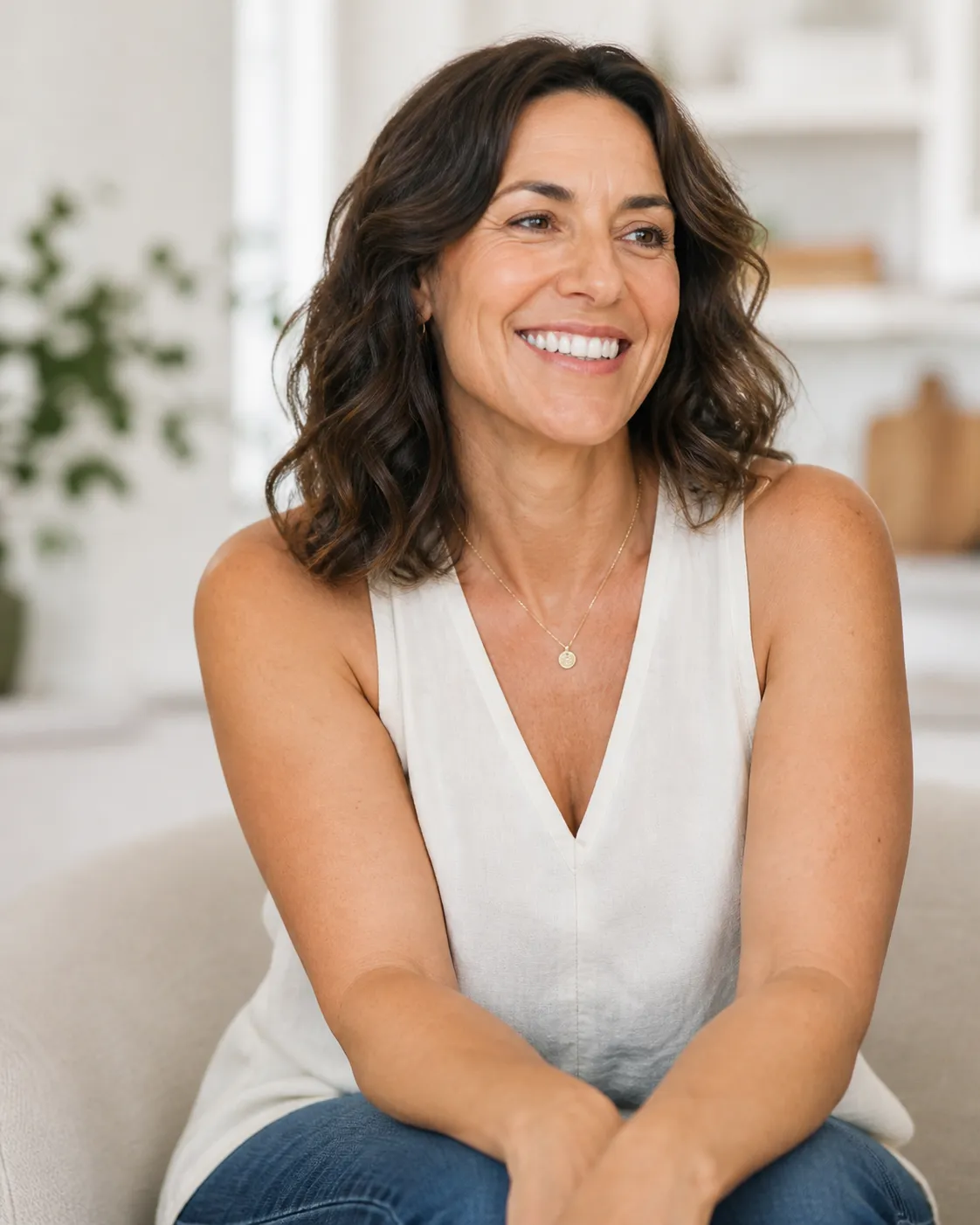 Midlife woman smiling brightly, seated at home in soft natural light